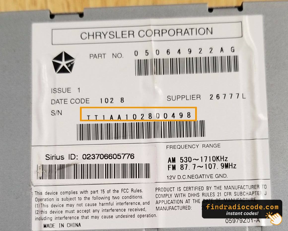 Chrysler Alpine MyGIG REQ radio label with three barcodes, one of them the TT1AA serial number